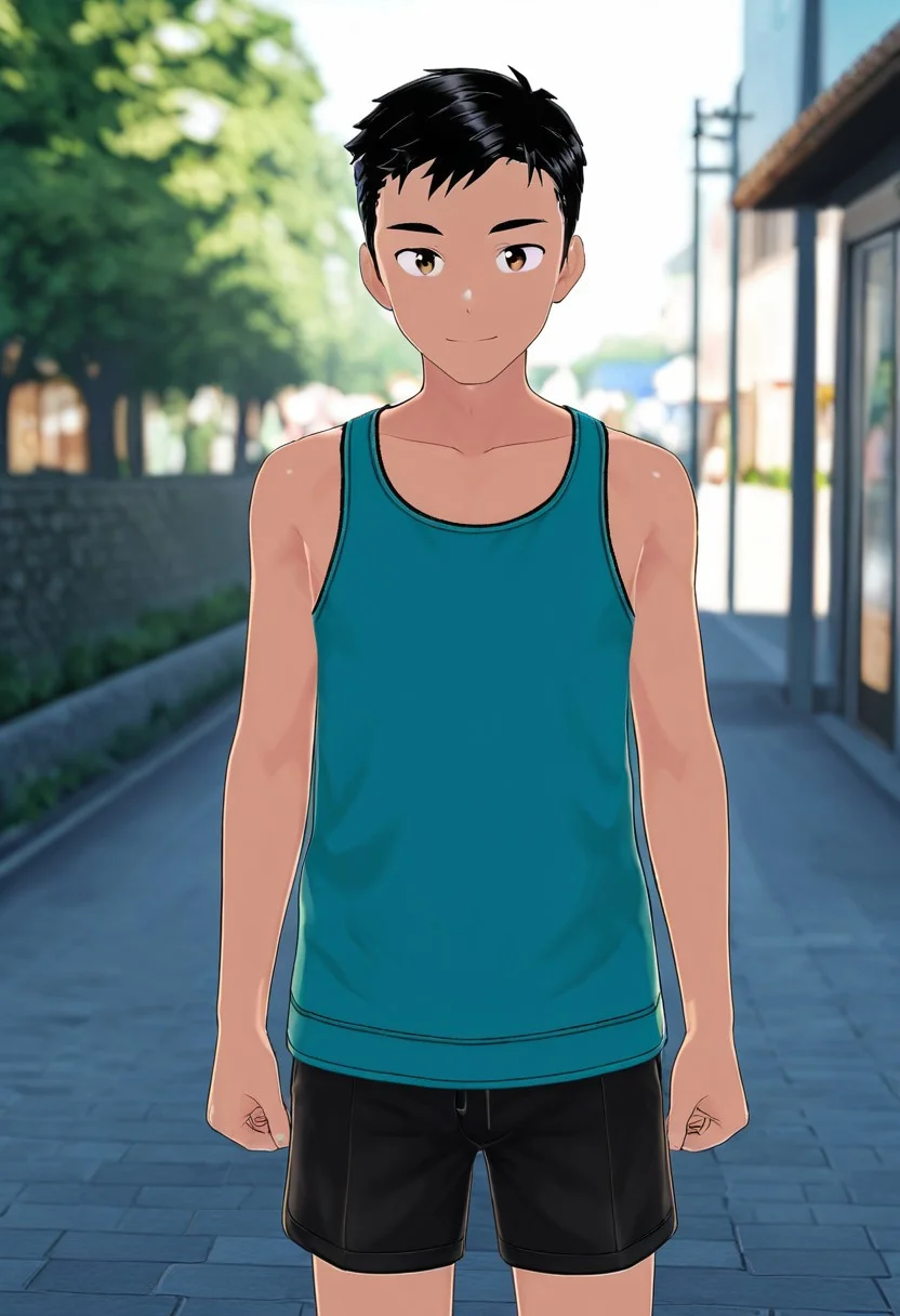 harmard, black hair, short hair, brown eyes, 1boy, solo, solo focus, turquoise color tank top, black shorts, young man, youthful, outdoor, at night day, small body