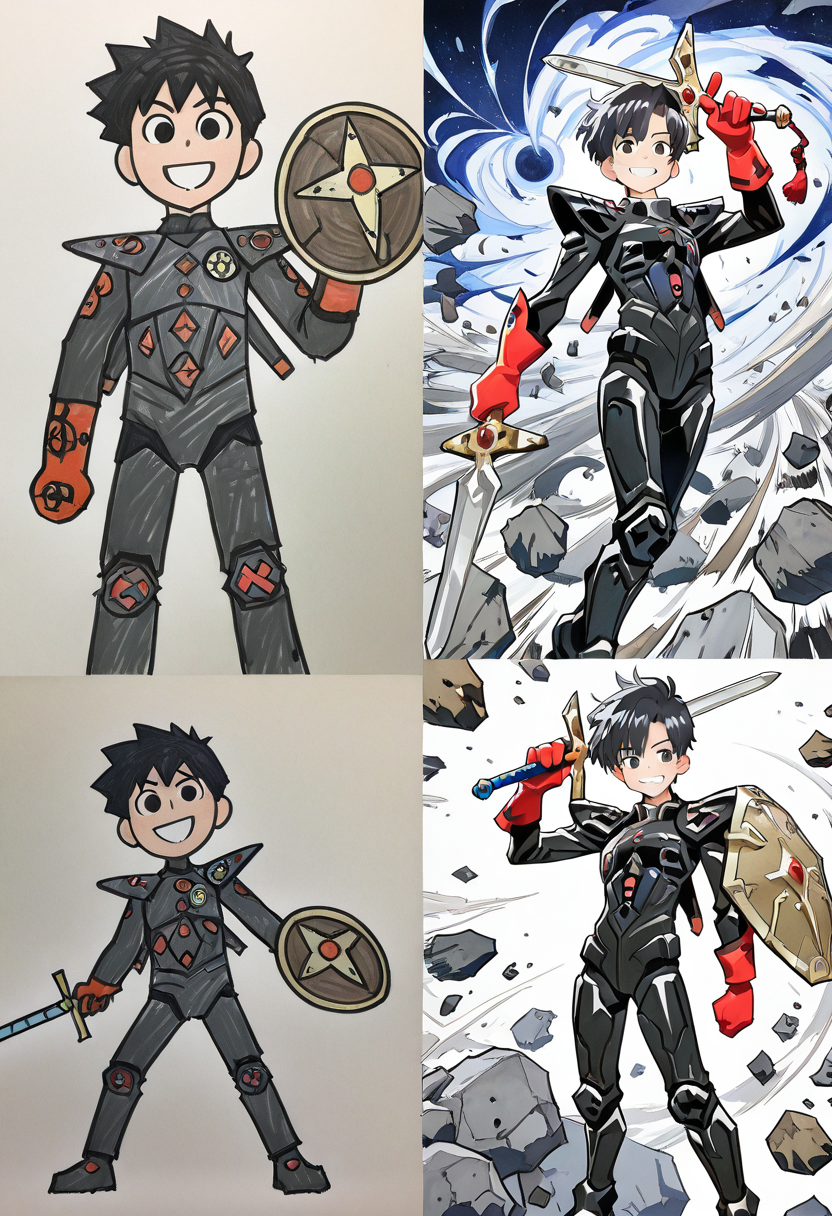 masterpiece, best quality,   smile, black hair, 1boy, holding, weapon, male focus, sword, holding weapon, armor, grin, cosplay, bodysuit, holding sword, red gloves, shield, rock, debris  ,<lora:Pr0VsN00b:1.0>,