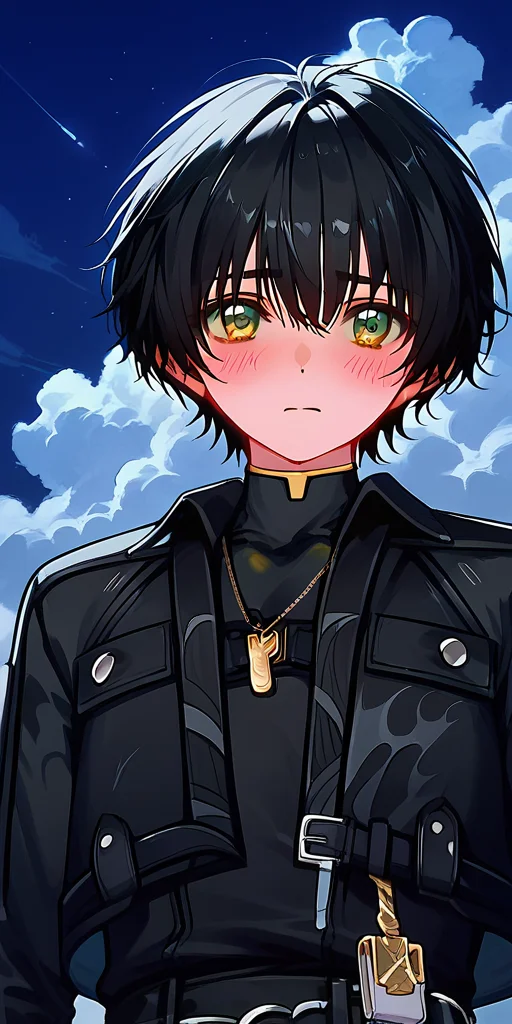 score_9,score_8_up,score_7_up,detailed face,1girl,black hair,short hair,pants,yellow eyes,long sleeves,blush,shy,looking at viewer,cloud,green eyes,blue eyes,jewelry,jacket,night sky,key,dog tags,upper body,<lora:鸣潮ç·ä¸»Wuthering_Waves_Male_leading_role:1>,<lora:add-detail-xl:1>,