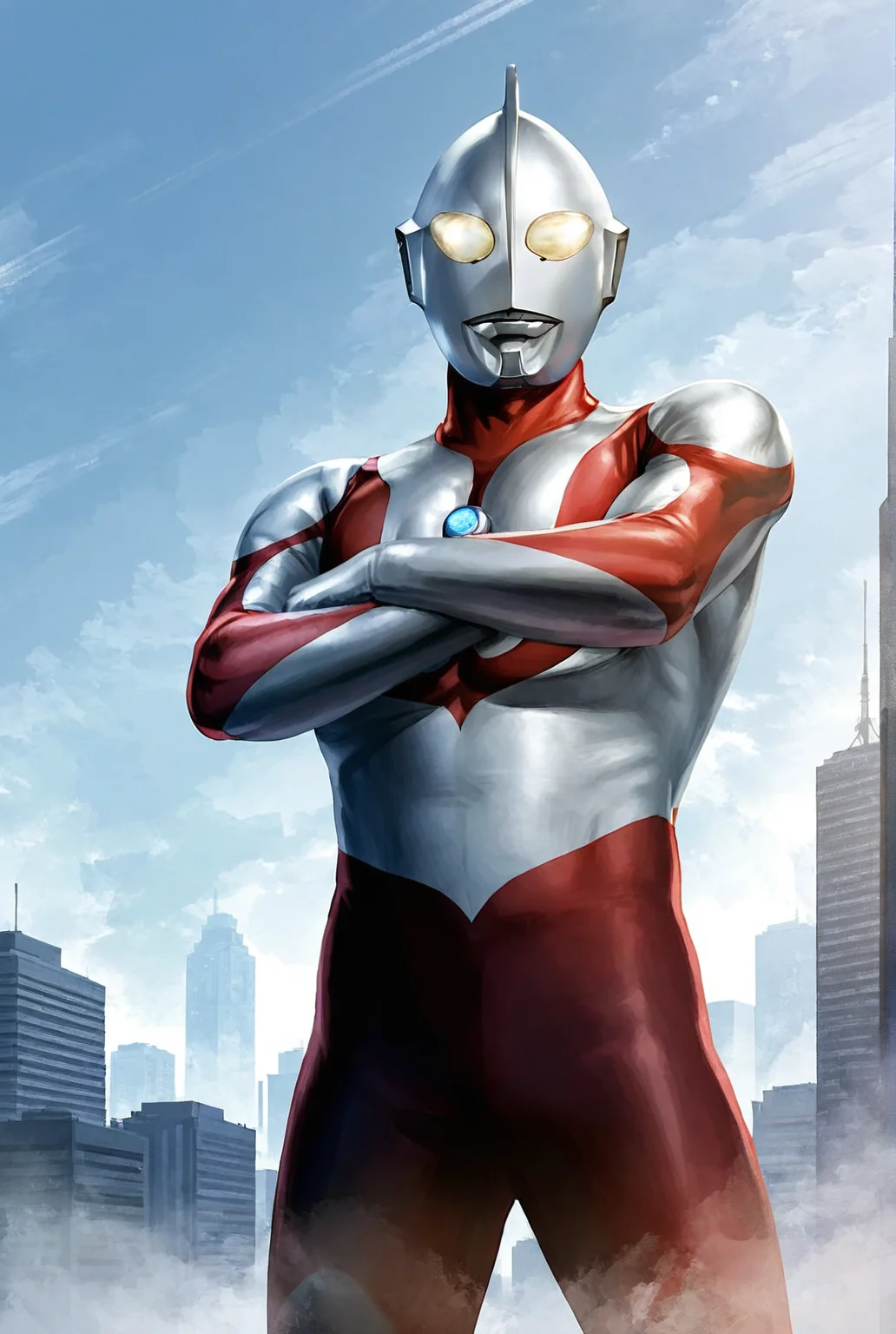 score_9,score_8_up,score_7_up,best quality,ultra-detailed,high resolution,digital painting,8k,1boy,solo,cowboy shot,male focus,bara,detailed face,tokusatsu,alien,bodysuit,yellow eyes,no humans,standing,crossed arms,giant,sky,cityscape,<lora:add-detail-xl:1>,<lora:Ultraman:0.8>,ultraman,