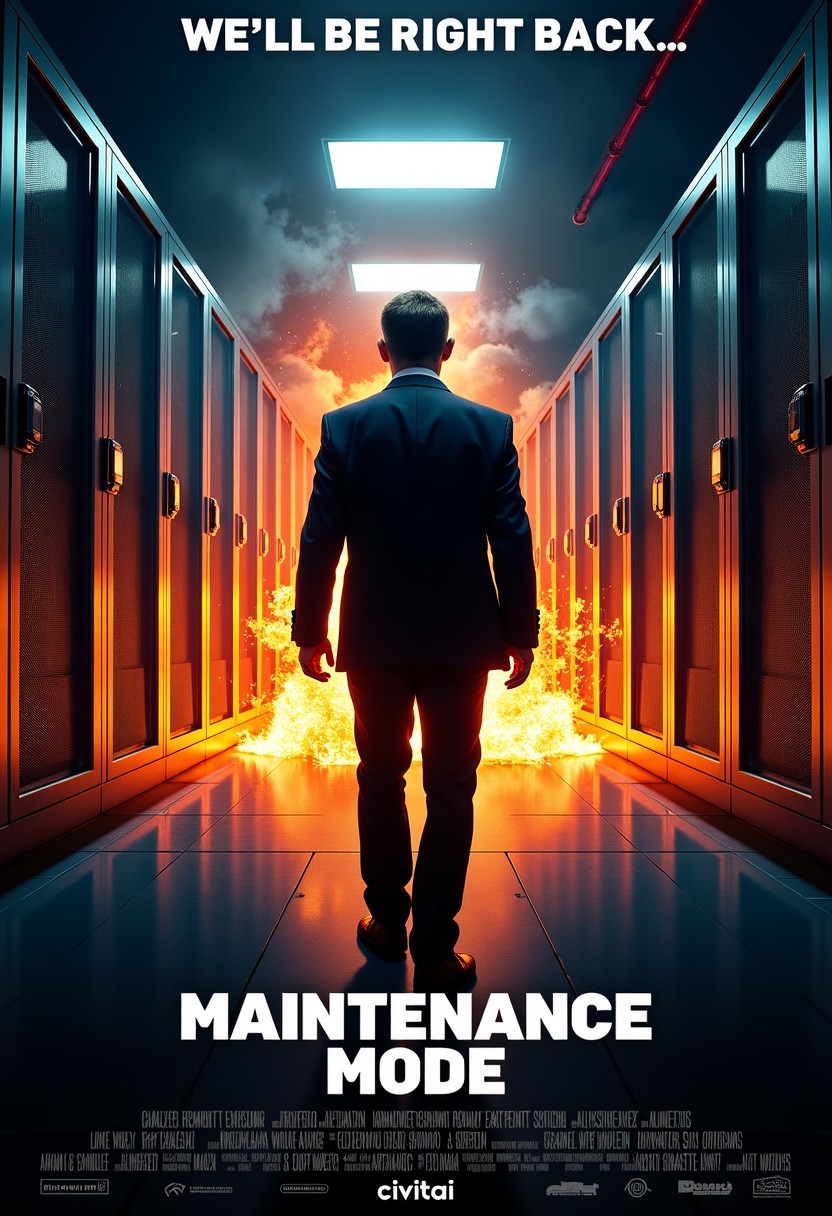 thrilling action movie poster, a realistic secret agent in a suit, server room exploding in background, cool title card with the text "Maintenance Mode", watermark at the bottom with the text "civitai.com", tag line at the top with the text "We'll be right back..."