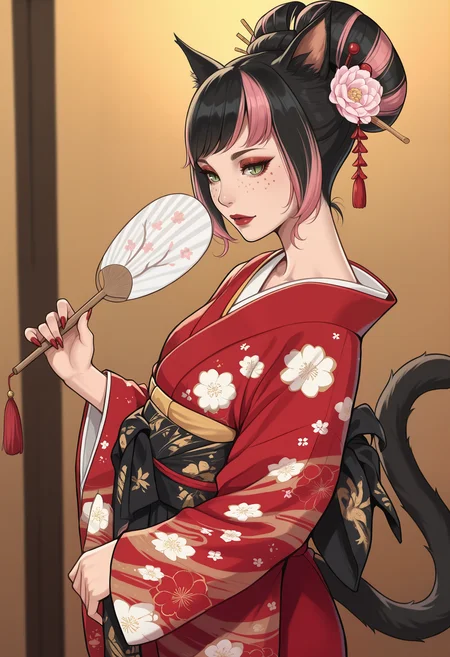 masterpiece, best quality, solo, 1girl, <lora:clamchan_illu:1> animal ears, black hair, pink hair, multicolored hair, green eyes, slit pupils, freckles, cat tail, <lora:edgOiranILS:0.7> beautiful edgOiran_woman, a woman in a kimono, perfect edgOiran_face, perfect edgOiran_body, edgOiran_makeup, edgOiran_hairstyle, holding a fan