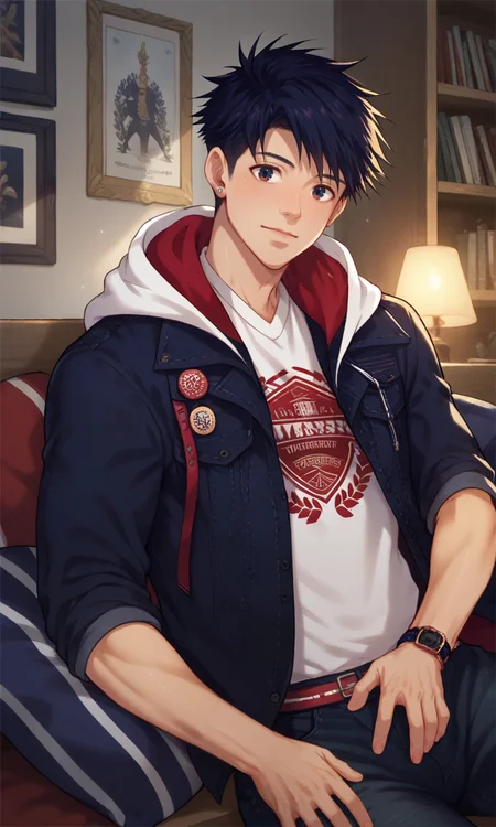 score_9, score_8_up, score_7_up, masterpiece, best quality, lots of details, (close-up), ((1boy)), Anderson, slim, blue-red eyes, male focus, sitting, on brown couch, hooded jacket, hood down, black jeans, wristwatch, closed mouth, shaded, white shirt, detailed shading, detailed skin, shaded skin, realistic shading, looking at viewer, Expressiveh, countershading:1.1, dorm room, indoors, <lora:add-detail-xl:0.7>, <lora:Smooth Anime 2 Style SDXL_LoRA_Pony Diffusion V6 XL:0.8>, <lora:Expressive_H:0.7>, <lora:Anderson_XL_V10:0.9>