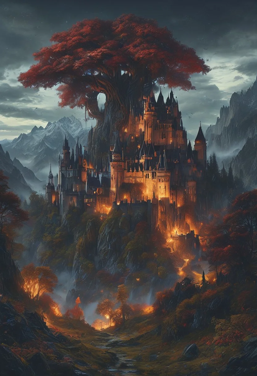 A captivating night scene illustration featuring a forboding and haunted castle on a great great mountain. The castle and mountain are much like Neuschwanstein Castle in Bavaria. This enchanting artwork captures a dark and ominous night, wherered bloodmoon hangs above over the tree covered mountain range and castle which stands resolute amidst the great mountains, creating a cinematic experience., illustration, cinematic
<lora:DonM3t3rn1tyXL-v1.1:0.7>, DonM3t3rn1tyXL,
OverallDetailXL <lora:MJ52:0.3> <lora:SDXLFaeTastic2400:0.4> <lora:EpicF4nta5yXL:0.7>