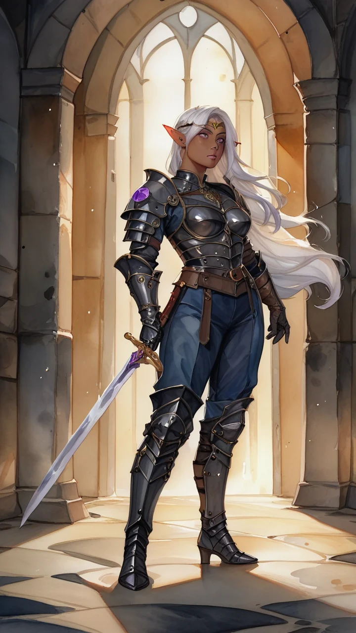 score_9, score_8_up, score_7_up, watercolor \(medium\), traditional media, masterpiece, best quality, highly detailed, intricate design, brilliant colors, (zPDXL3), <lora:zPDXL3:1> <lora:drow_offset:0.5> <lora:Watercolor Anime Style LoRA_Pony XL v6:0.5> 1girl, female, elf ears, dark skin, white hair, purple eyes, gold circlet with an Amethyst, dark blue military uniform pants, dark blue military uniform top, black medieval fantasy armor, black metal armor, black body armor, black metal pauldron, black gauntlets, shoulder length gloves, thigh high boots, one sword, black blade sword, magic sword, dungeon, dark room, black armor greaves full body, <lora:Fantasy_Swords_Luis_Royo_Style:0.5> Hold sword, stand with a sword, straight sword, long sword, sword_mid,