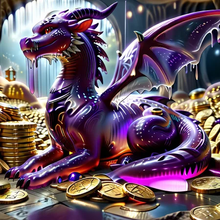 1dragon, highly detailed deep purple dragon, deep purple dragon made out of slime, scaly deep purple slime dragon, slime dragon with red eyes, deep purple slime dragon laying in its hoard, blue slime dragon with wings, dragon wings, detailed claws, detailed feet, detailed tail,
multi-colored gems made out of slime, in a room of treasure made out of slime, gold coins and bars made out of slime, piles of coins, piles of gold slime coins, piles of gold slime, tiny gold slime coins,
treasure-room, treasure, gemstone, coins, gold bars, gold pile,
everything made of slime, No simple background,
((translucent slime)), ((transparent slime)), (bioluminescent slime), sl1m3, slime, ais-blmn, watce, je11y, thickwater, great lighting, ral-lava, even lighting, no bright spots, saturated colors,