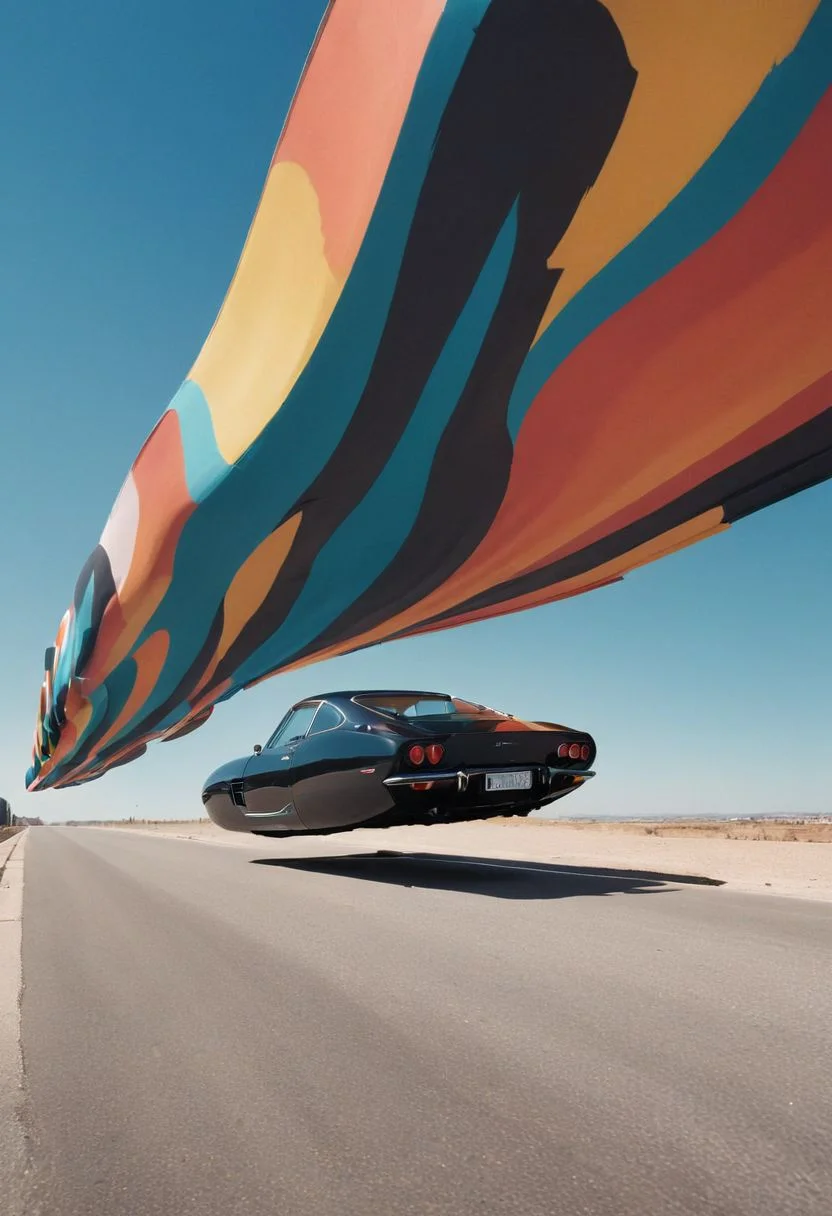 Made of bold lines, vertical lines, 3d deep depth effect, Stretching shadows, Flying hovering Car, a Vintage hovering super car, Hovering_Car, A road stretches behind her head, colorful depth of lenticular, bold lines async, deep blacks,