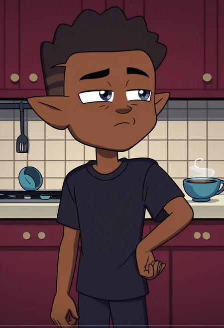 score_9, score_8_up, score_7_up, high quality,perfect anatomy, show accurate, solo,1boy, kitchen,
brown skin and dark brown hair with lighter shades, pointy ears, dark blue eyes, kitchen background, wear only oversized t-shirt, loose clothes, one hand holding cup of coffee, one hand on hip, perfect hands, sleepy eyes, messy hair, loose clothes, eyes half close, show accurate, perfect hands, perfect anatomy,perfect hands,