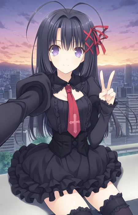 masterpiece, best quality, high quality, detailed, absurdres,newest, scenery, 1girl, solo, official style,best perspective,depth of field, very_aesthetic, best_quality ,high_resolusion, (8K:1.5),,crisp quality, ultra detailed,perfect anatomy,perfect lighting,anime screencap, perfect eyes,detailed eyes,<lora:Ookura_Risona_Illustrious_V2:1>,1girl,risona, black dress risona, very long hair, bangs, black hair, hair between eyes, purple eyes,x hair ornament, red x hair ornament, antenna hair, red hair ribbon, hair ornament, decorative ribbon, long sleeves, frilled dress, gothic dress, black dress, necktie, red necktie, cross embroidery, decorative tie, waist corset, black_frilled_thighhighs,
1girl, solo, v, smile, looking at viewer, sunset, sitting, selfie, cityscape, sky, outdoors, closed mouth, city, cloud,