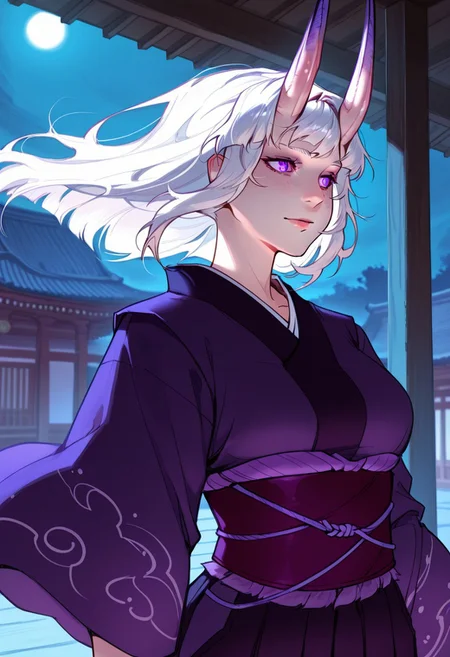 best quality, detailed face, detailed eyes
masterpiece, best quality, very aesthetic
by val
\
adult female, white hair, purple eyes, glowing eyes, japanese clothes, oni horns, temple, wind, indoors, solo, night,