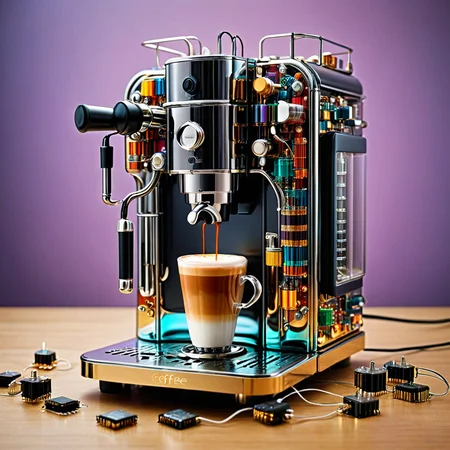 coffee machine made out of transistors , looks beautiful and aesthetic, colorful background <lora:TransistorsXL_LoRA:1>