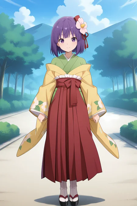 absurdres, highres, masterpiece, best quality, amazing quality, official anime artwork, screencap, anime screencap, outdoors, light smile, looking at viewer, dynamic pose,
 <lora:Hieda-no-Akyuu_Illustrious:1> hieda no akyuu, 1girl, solo, purple eyes, purple hair, short hair, hair flower,, japanese clothes, green kimono,  yellow sleeves, wide sleeves, off shoulder sleeves, red skirt, red hakama, floral print,