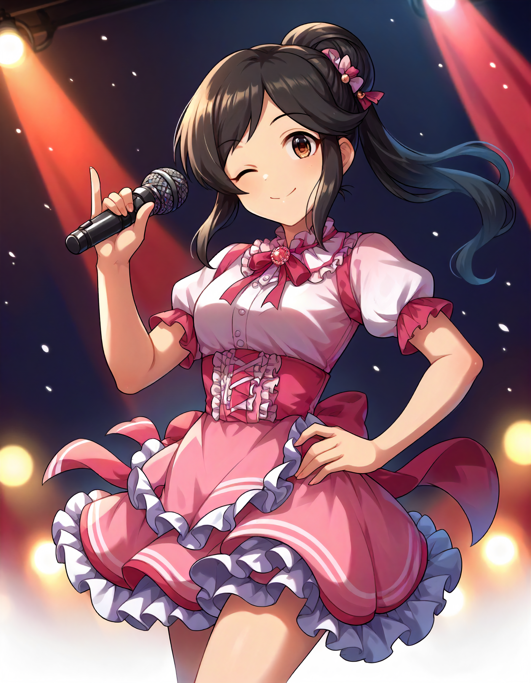score_9,score_8_up,score_7_up,1girl,solo,cowboy shot,looking at viewer,smile,wink,closed mouth,holding microphone,hand on hip,stage lights,
<lora:momoiazuki_ponyXLV6:0.8>,cgmaz,
black hair,single hair bun,ponytail,brown eyes,
pink dress,puffy short sleeves,frilled skirt