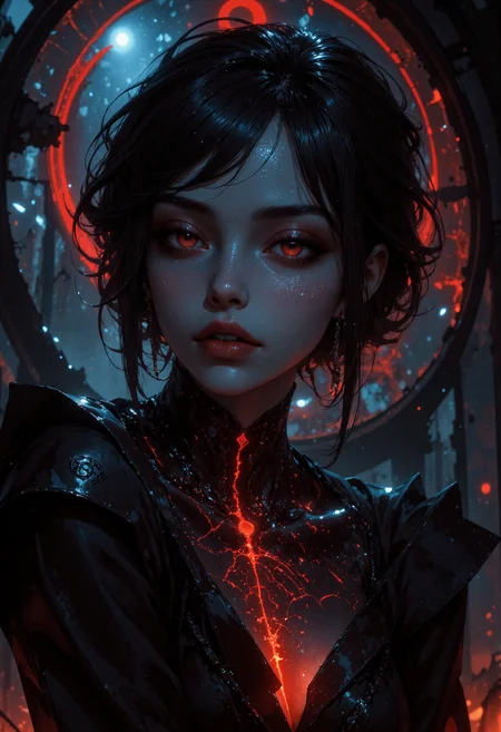 masterpiece, high-quality, A sultry vampiress leans forward, her crimson eyes glowing faintly as the camera captures her from an intimate close-up, framing her sharp, angular features against a blurred backdrop of glowing, shattered stained glass. Her short, raven-black hair catches the dim, pulsing red light from a distant eclipse, while faint sigils etched into her collarbone glow faintly, shifting in rhythm with her slow, deliberate breath. The hyperdetailed texture of her pale skin and the soft, radiant glow of the sigils contrast sharply with the jagged, chaotic reflections scattered in the background, <lora:FLUX\Anime v1.3:0.5> <lora:FLUX\FluxMythAn1meL1nes:0.6> <lora:FLUX\Midjourney_-_SemiReal_Dreams_FLUX_LoRA:0.5> <lora:FLUX\DarksunRiddV4:0.6>