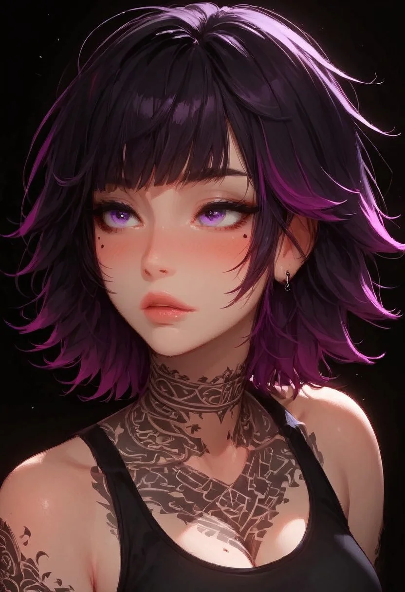 (score_9, score_8_up, score_7_up), <lora:wolf_cut:1.5>, a close-up shot focusing on a girl collarbone and up, (((portrait shot, face focus))), solo, 1girl, wolfCut, (bangs), (two-toned hair), black and purple hair, small perky breasts, cleavage, pretty face, blush, purple eyes, ((mole under left eye)), (modern tattoos),((tattoo on chest)),pale skin, makeup, sports bra, vivid colours, Expressiveh, (white background)