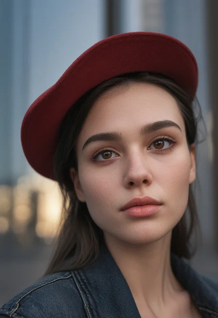 30yo woman posing for pic in front of tall building.
Small eyes. Brown eyes.
Wearing ripped Denim jacket red hat
no makeup. Clear skin.  realistic skin style
Long dark black slick back hair. No makeup. Dusk, Street light. Looking at camera POV. Slight smile, tilting head.. Tilt head. Hands in head, face, lips.
Medium Close Up shot. Bokeh. Bokeh light.