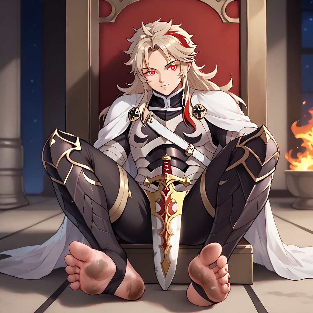 masterpiece, best quality, sharp aliasing, highly detailed, 1male, male body, male,EPfeCorrin, white cape with flames, armour, black gloves, black pants, wearing pants, indoors, stone tiled ground, night, barefoot, toeless legwear, armoured legwear, shin armour, leg armour, leg and shin amour, stirrup legwear, black stirrups, 5 toes, Quality, High Definition, Full body view, solo, rengoku kyojuro, forked eyebrowns, long hair, two-etone hair, multicolored hair, red eyes, sword, red toenails, dirty feet, glowing eyes, sitting on throne, feet focus, feet, soles, looking away from viewer