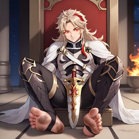 masterpiece, best quality, sharp aliasing, highly detailed, 1male, male body, male,EPfeCorrin, white cape with flames, armour, black gloves, black pants, wearing pants, indoors, stone tiled ground, night, barefoot, toeless legwear, armoured legwear, shin armour, leg armour, leg and shin amour, stirrup legwear, black stirrups, 5 toes, Quality, High Definition, Full body view, solo, rengoku kyojuro, forked eyebrowns, long hair, two-etone hair, multicolored hair, red eyes, sword, red toenails, dirty feet, glowing eyes, sitting on throne, feet focus, feet, soles, looking away from viewer