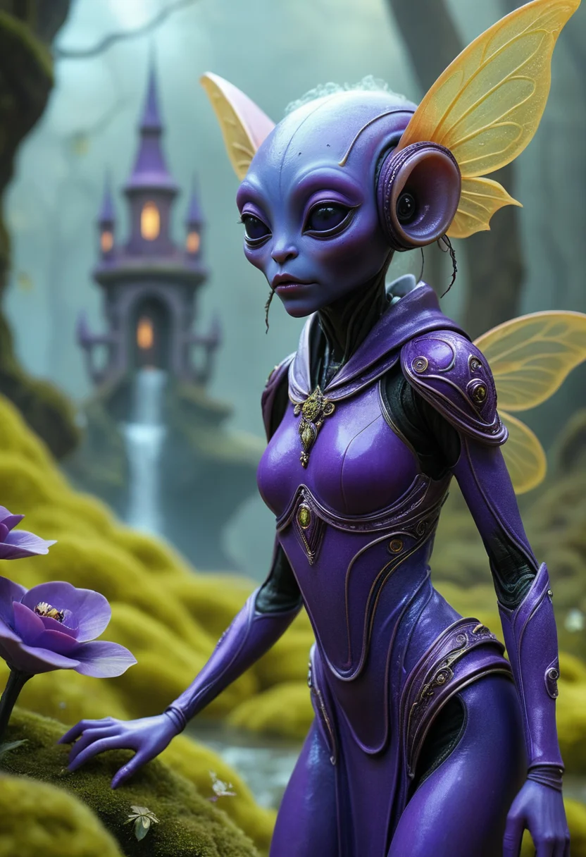 best quality, reality-shot, realism, realistic photography of a fantastical fairy alien with whimsical elements, magical fairytale landscape, elaborate fantasy style art, royal purple theme, intricate details, ultra sharp, exquisite detail, flawless composition, vivid colors, masterpiece, exciting background <lora:alien-species:1> alien species