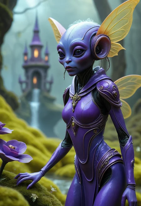 best quality, reality-shot, realism, realistic photography of a fantastical fairy alien with whimsical elements, magical fairytale landscape, elaborate fantasy style art, royal purple theme, intricate details, ultra sharp, exquisite detail, flawless composition, vivid colors, masterpiece, exciting background <lora:alien-species:1> alien species
