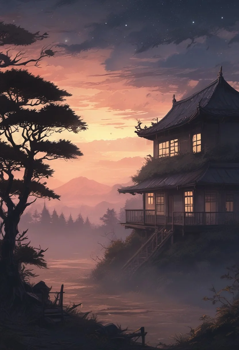 scenery, ((night, starry)), (Japanese anime style), wilderness, distant landscape, clearing in the forest, abandoned house, fog, sunset, fantasy, atmosphere of sadness, cool tone, minimum lighting, masterpiece, best quality, ultra-detailed