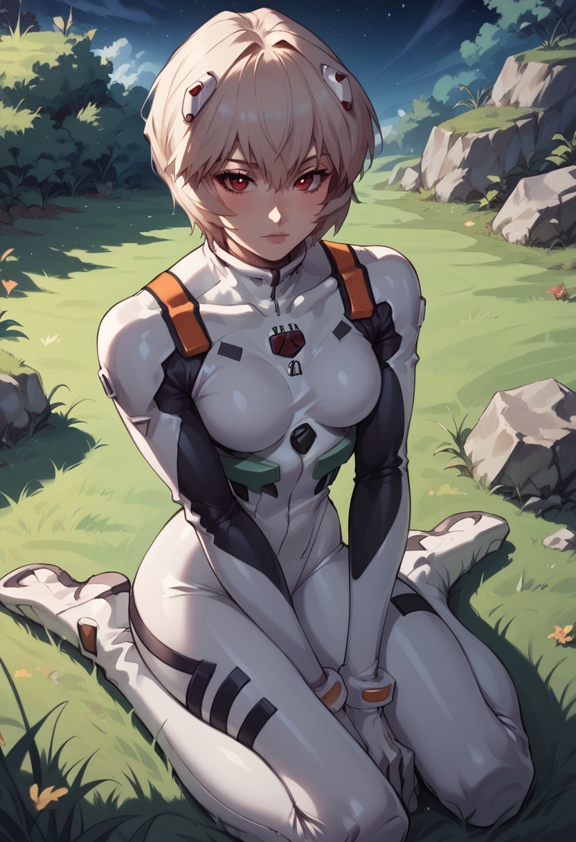 Abbystea style, score_9, score_8_up, score_7_up, anime, ayanami_rei, red eyes, sitting on green grass, starry sky, white plugsuit, detailed face, seductive