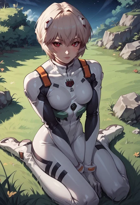 Abbystea style, score_9, score_8_up, score_7_up, anime, ayanami_rei, red eyes, sitting on green grass, starry sky, white plugsuit, detailed face, seductive