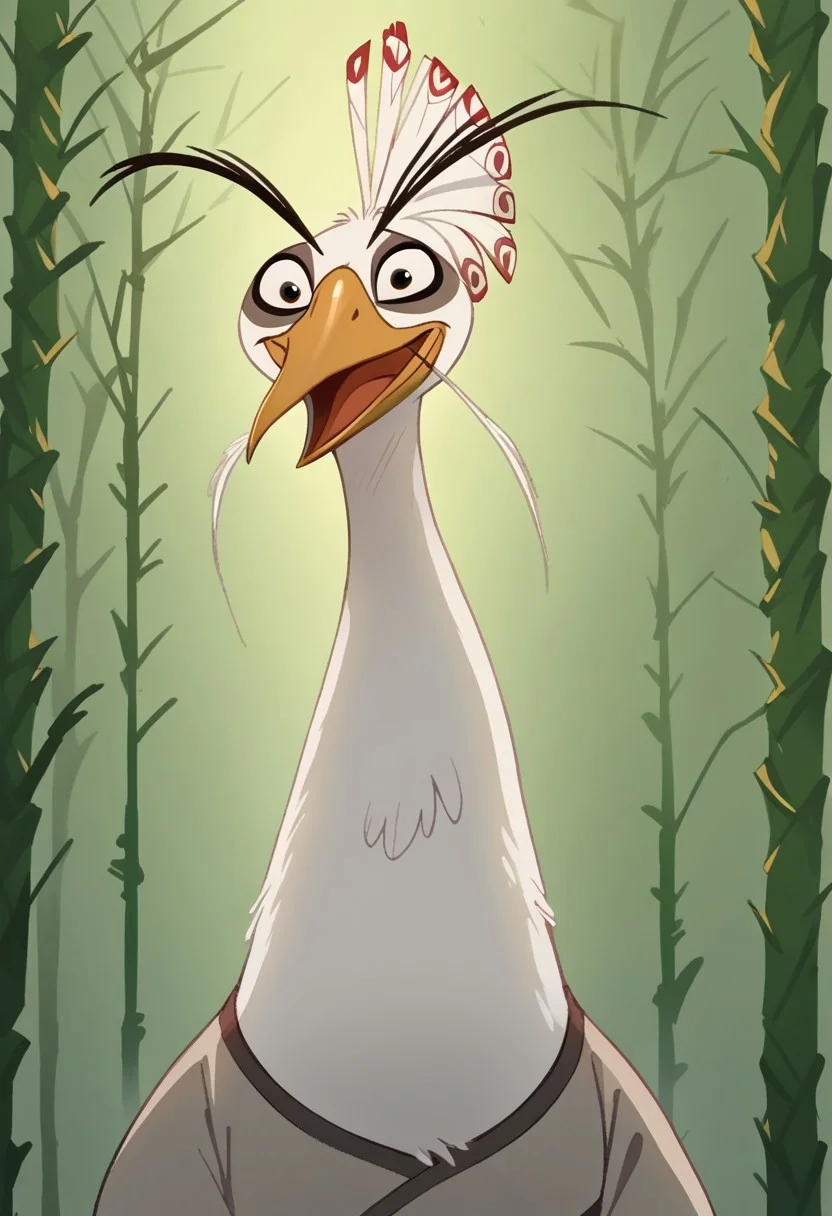 kfp2d, solo, 1boy, MainOutfit_LordShen_ownwaifu, score_9, score_8_up, score_7_up, score_6_up, score_5_up, score_4_up, source_furry, hi res, sfw. 2D artwork.

furry male, beak, bird, long eyebrows, peacock, white feathers, no humans, animal focus, black eyes, whiskers, wide-eyed, smile, evil gaze

portrait, looking at viewer, open mouth, happy.

on a forest, bamboo, outdoors, at day.