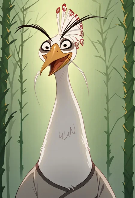 kfp2d, solo, 1boy, MainOutfit_LordShen_ownwaifu, score_9, score_8_up, score_7_up, score_6_up, score_5_up, score_4_up, source_furry, hi res, sfw. 2D artwork.
furry male, beak, bird, long eyebrows, peacock, white feathers, no humans, animal focus, black eyes, whiskers, wide-eyed, smile, evil gaze
portrait, looking at viewer, open mouth, happy.
on a forest, bamboo, outdoors, at day.