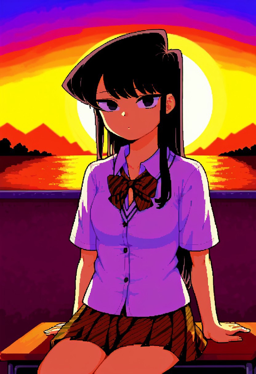 lpho, pixel style, dark, rating_safe, solo, sitting, komi shouko, school uniform, classroom, sunset, dim lighting