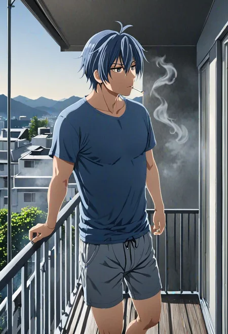 high resolution, solo, best quality, 1Boy, Tomoya Okazaki, Grey Blue Hair, home balcony, morning, cigarette, coffee, t-shirt, shorts, looking away, OverallDetail