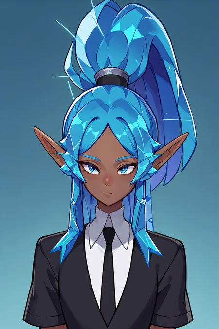 score_9, score_8_up, score_7_up, source_anime, 1girl, solo  <lora:CrystalHair_XLPD:1.2> incrsxlcrystalhair, crystal hair, shiny hair,  <lora:NSSindragosaWoW:0.7> NSSindragosaWoW, high ponytail, long hair, parted bangs, blue hair, pointy ears, dark-skinned female, split pupils, black shorts, black necktie, white shirt, collared shirt, black jacket, black sleeves, short sleeves