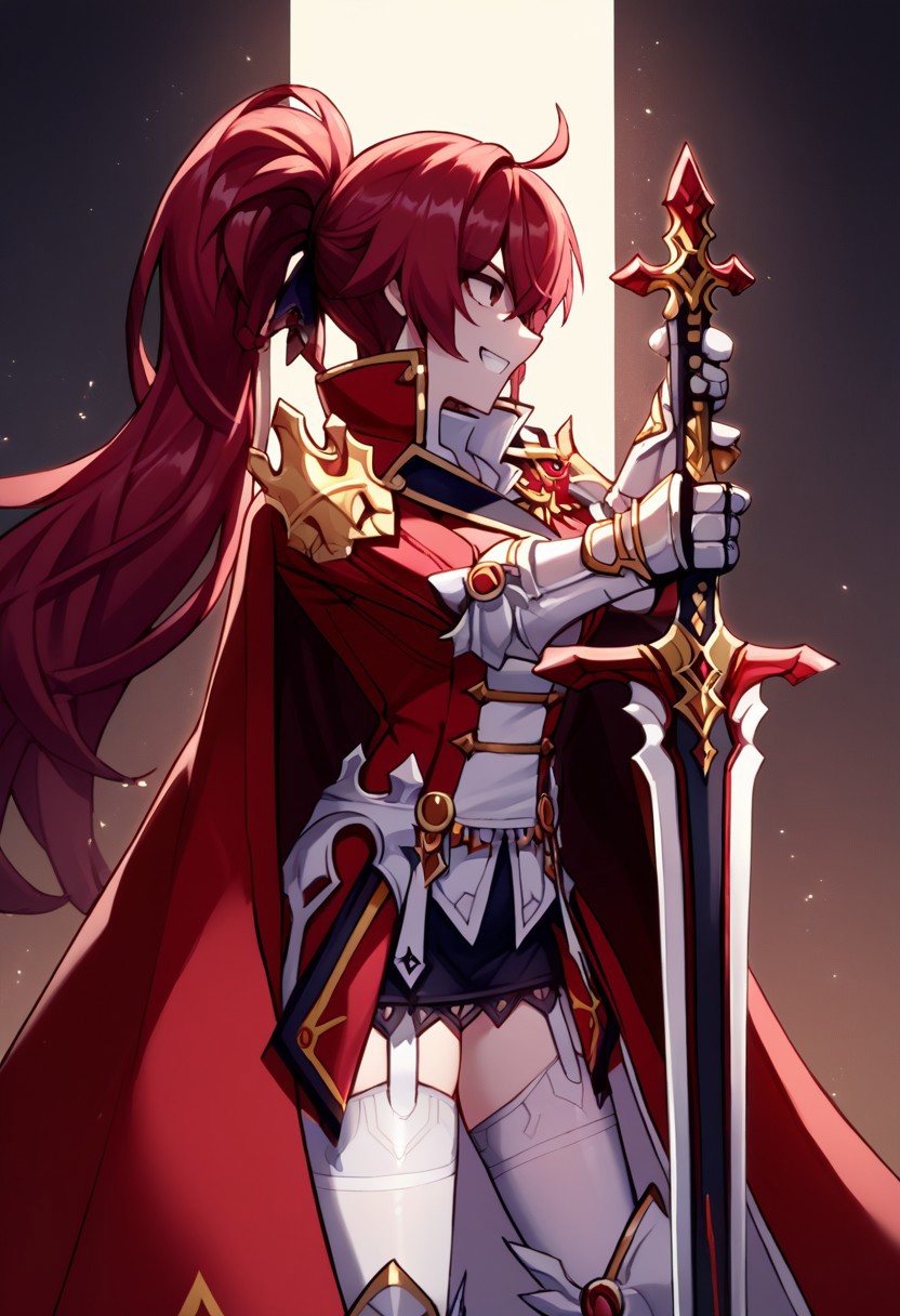 score_9, score_8_up, score_7_up, source_anime, good anatomy, solo, 1girl, elesisEmpSord, ponytail, red hair, red eyes, red and white military uniform, double breasted jacket, black miniskirt, pencil skirt, metal greaves, metal gauntlets, cape, white thighhigh, garterbelt, no shoulderguards, hands on sword hilt, wide grin