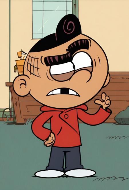 (score_9 | score_8_up | score_7_up) ((masterpiece:1))(best quality,very high quality,ultra detailed:1.2) (2D,cartoon style,anime style)(Smooth:2)(clean blurring) (four fingers on each hand,one thumb on each hand:1), Carl Casagrande, solo, 1boy, missing tooth, black hair, hair styled in a pompadour, pompadour, red hoodie, navy blue pants, white shoes