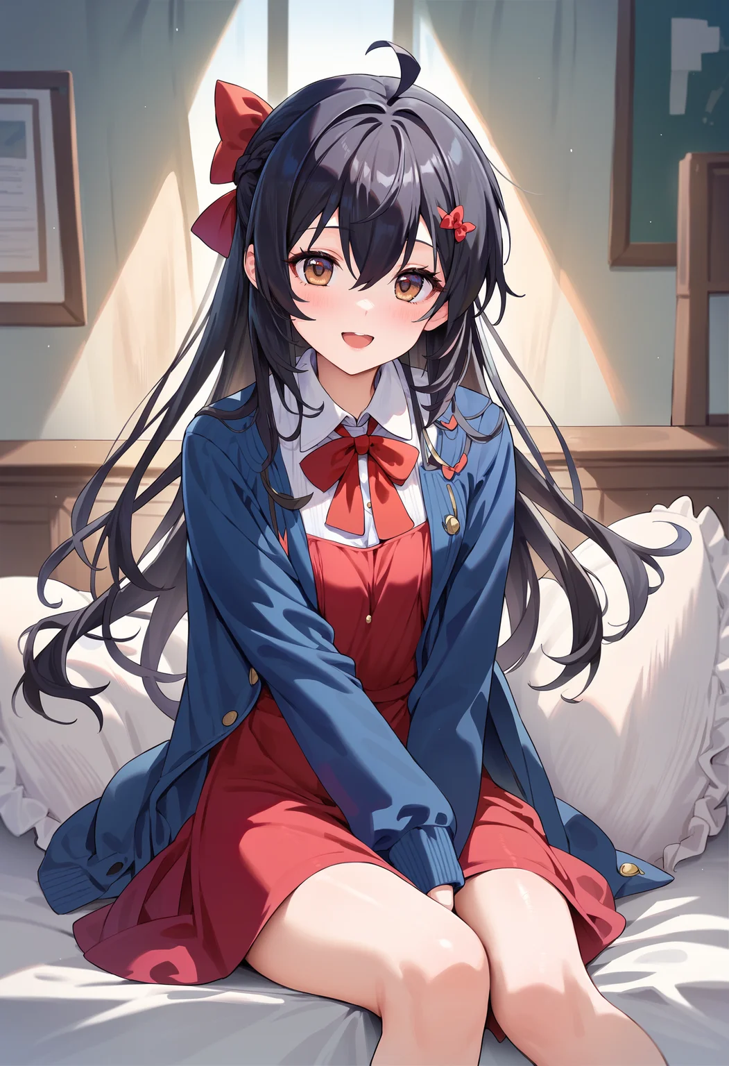 score_9,score_8_up,score_7_up,<lora:PDFA_Style7256193366v4:0.8>,1girl,solo,bangs,blush,smile,looking at viewer,indoors,:d,ahoge,black hair,blue jacket,bow,braid,brown eyes,collared shirt,dress,hair between eyes,hair bow,jacket,long hair,long sleeves,open clothes,open jacket,open mouth,red bow,red dress,shirt,sitting