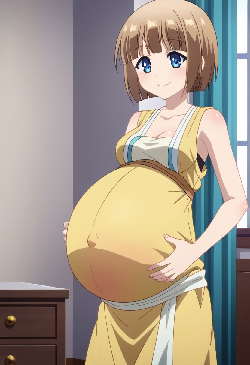 best quality, masterpiece, 4k, perfect lighting, very aesthetic, anime, anime coloring, official art, anime screencap, bedroom, happy, smile, hands on belly,
fFaceDetail, EyeDetail,
(large pregnant belly:1.5)
<lora:MasterofRagnarok:1>,  epheria, blue eyes, brown hair, short hair, 
(yellow clothes:1.9)
(covered belly:1.9), (pregnancy clothes:1.9)