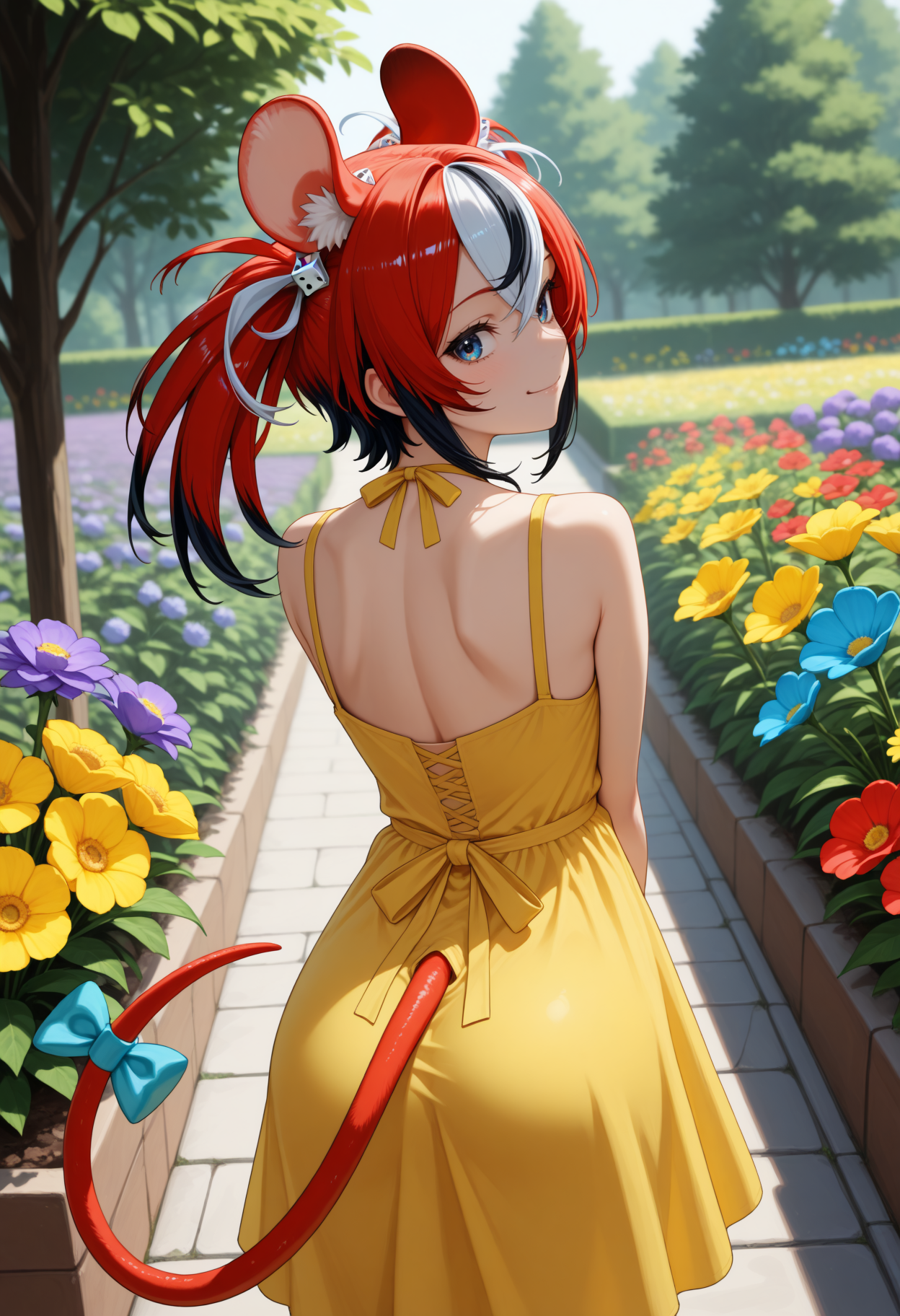 masterpiece, best quality, 1girl, solo, Hak0sB4elz, blue eyes, multicolored hair, red hair, white hair, black hair, uneven twintails, dice hair ornament, animal ears, tail, tail ornament, from behind, outdoors, garden, flower, red flower, blue flower, purple flower, yellow flower, looking back, yellow sundress, shoulder blades, sleeveless, smile, <lora:ChamHakosBaelzNoob:1>
