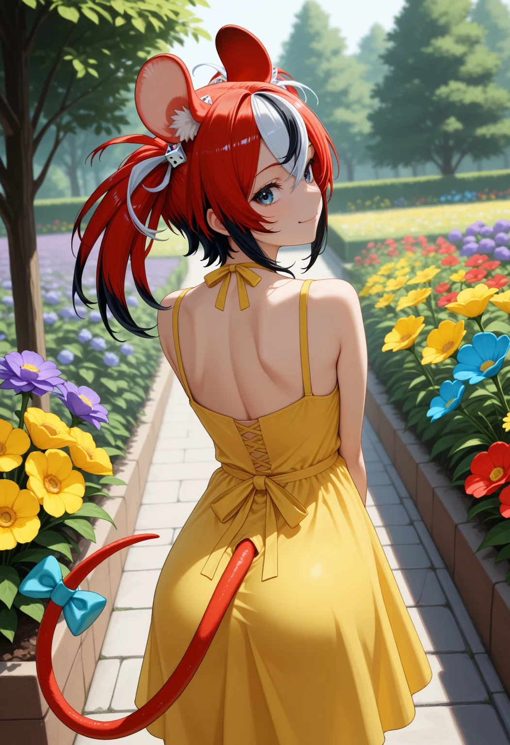 masterpiece, best quality, 1girl, solo, Hak0sB4elz, blue eyes, multicolored hair, red hair, white hair, black hair, uneven twintails, dice hair ornament, animal ears, tail, tail ornament, from behind, outdoors, garden, flower, red flower, blue flower, purple flower, yellow flower, looking back, yellow sundress, shoulder blades, sleeveless, smile, <lora:ChamHakosBaelzNoob:1>