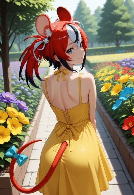 masterpiece, best quality, 1girl, solo, Hak0sB4elz, blue eyes, multicolored hair, red hair, white hair, black hair, uneven twintails, dice hair ornament, animal ears, tail, tail ornament, from behind, outdoors, garden, flower, red flower, blue flower, purple flower, yellow flower, looking back, yellow sundress, shoulder blades, sleeveless, smile, <lora:ChamHakosBaelzNoob:1>
