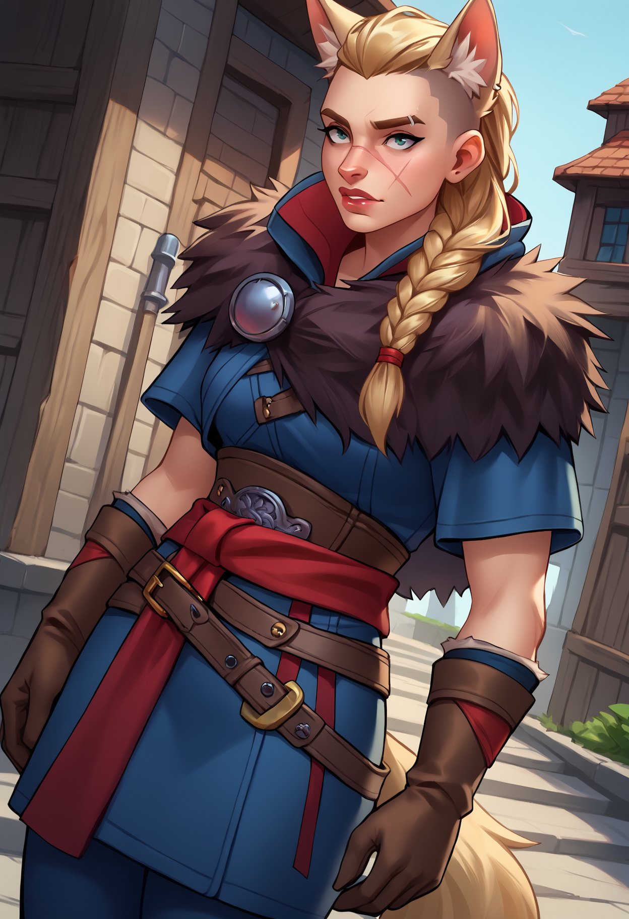 score_9, score_8_up, score_7_up, score_6_up, panthea-dh, BREAK, dutch angle, 1girl, solo, long hair, braid, hair over shoulder, undercut, scar on face, capelet, fur trim, gloves, belt, top, skirt, sash, pants, boots, wolf girl, furry <lora:Panthea_Style:0.8> <lora:add-detail-xl:0.5>  <lora:AC Valhalla EivorPonyLoRAPonyLoRA:0.7>