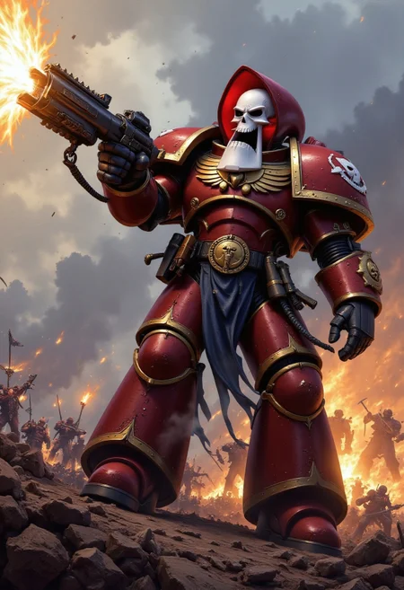 A towering Warhammer 40K Space Marine clad in massive, battle-worn Ultramarine power armor, but instead of a helmet, his head is a cartoony skull of Grim — a bare, grinning skull with hollow, shadowed eye sockets. No helmet, no modifications, just Grim's cartoony bony skull and his iconic cartoony hood atop the heavily armored Space Marine body. He stands alone on a war-torn battlefield, gripping a heavy bolter as it roars, spewing bullets. The muzzle flash illuminates his skeletal face, while smoke, fire, and debris fill the chaotic scene. His massive ceramite armor gleams with purity seals and battle scars, emphasizing that—despite the absurdity of his exposed skull—he is every bit the unstoppable, genetically enhanced warrior of the Imperium