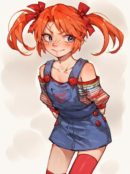score_9, score_8_up, score_7_up, score_6_up, score_5_up,   <lora:FemChuckyXLP:1> femchucky, 1girl, solo, twintails, blue eyes, thighhighs, overalls, orange hair, freckles, stitches