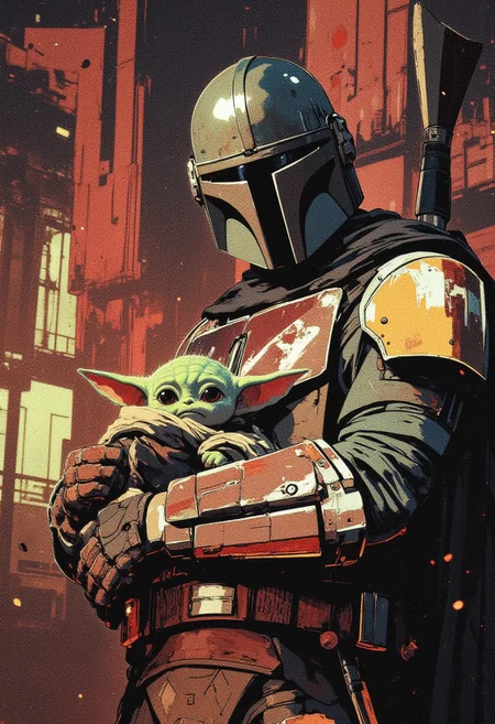Mandalorian holding (((detail green baby Yoda))), anime style, vintage film effect, muted colors, grainy texture, cinematic shot, soft lighting, retro aesthetics, warm tones