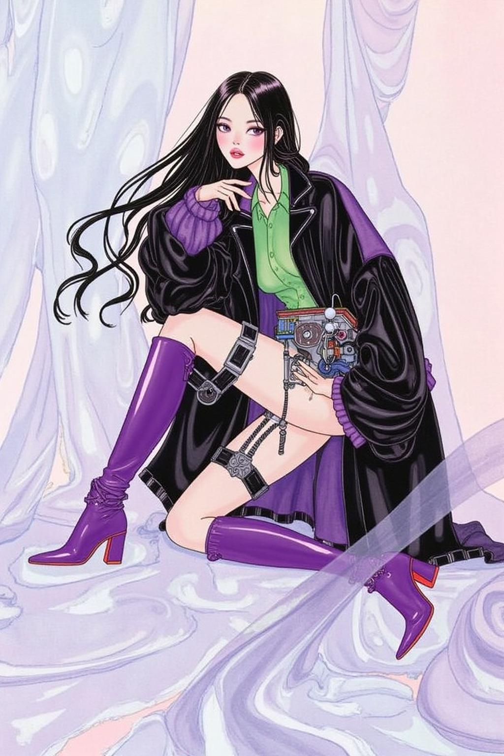 kaynielsen1 illustration.
Create a modern, stylized portrait of a young woman with long, flowing black hair, wearing a shiny black and purple oversized jacket and knee-high purple boots. She is seated in a relaxed pose, holding a futuristic, mechanical gadget strapped to her thigh. The scene has a soft, pastel-colored background with translucent fabric surrounding her, adding a light and airy atmosphere. Her outfit contrasts sharply with her delicate, yet confident expression, and her green shirt adds a pop of color against the edgy, fashion-forward look. 
 <lora:kaynielsen1_d8a4e12:0.8><lora:866146826284179576:0>
