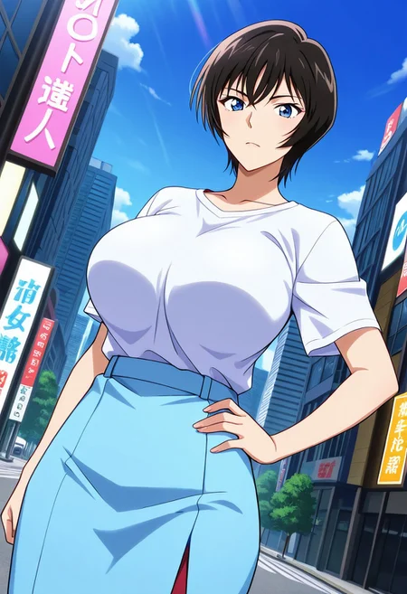 general,highres, ultra-detailed,very aesthetic,best quality ,best hands,best eyes,easynegative,
dynamic anglre, dutch angle, anime cloring,
1girl solo,looking at viewer,city,outdoors, hand on hip,
Miwako Satou,black_hair, short_hair, blue_eyes, huge_breasts,shirt,suits, skirt,