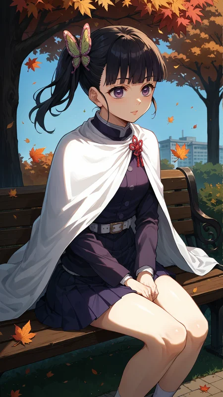 score_9,score_8_up,score_7_up,score_6_up, source_anime, zPDXL3, <lora:xl_more_art-full_v1:0.5>, girl, dynamic pose, <lora:Kanao Tsuyuri - Pony-000004:0.8>, black hair, side ponytail, blunt bangs, butterfly hair ornament, hair ornament, purple eyes, purple jacket, long sleeves, purple skirt, white belt, white cape, autumn leaves, autumn, falling leaves, park bench, sitting,