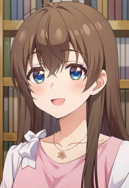 score_9, score_8_up, score_7_up, source_anime,fuuka sasaki, 1girl, solo, long hair, looking at viewer, blush, smile, open mouth, blue eyes, brown hair, shirt, hair between eyes, jewelry, collarbone, upper body, :d, indoors, necklace, book, white bow, pink shirt, bookshelf, library
