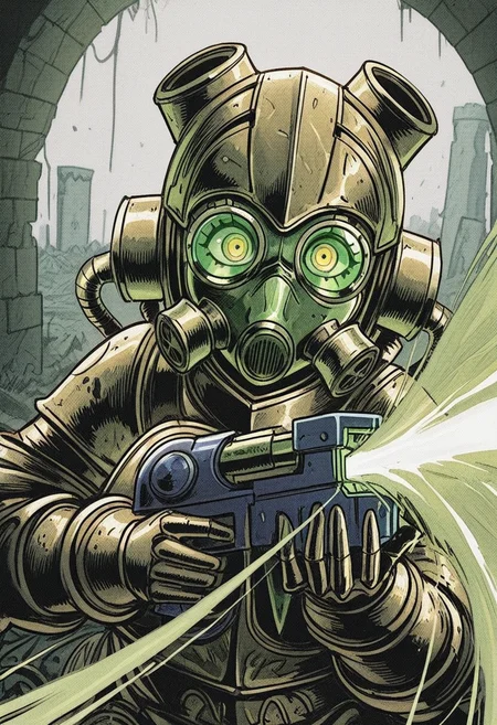813nm0hstyle, masterpiece, best quality, solo, 1girl, female, gas mask, coils and tubes from mask, green lenses mask, apocalpytic ruins background, action, upper body, holding plasma gun, makeshift armor from parts,