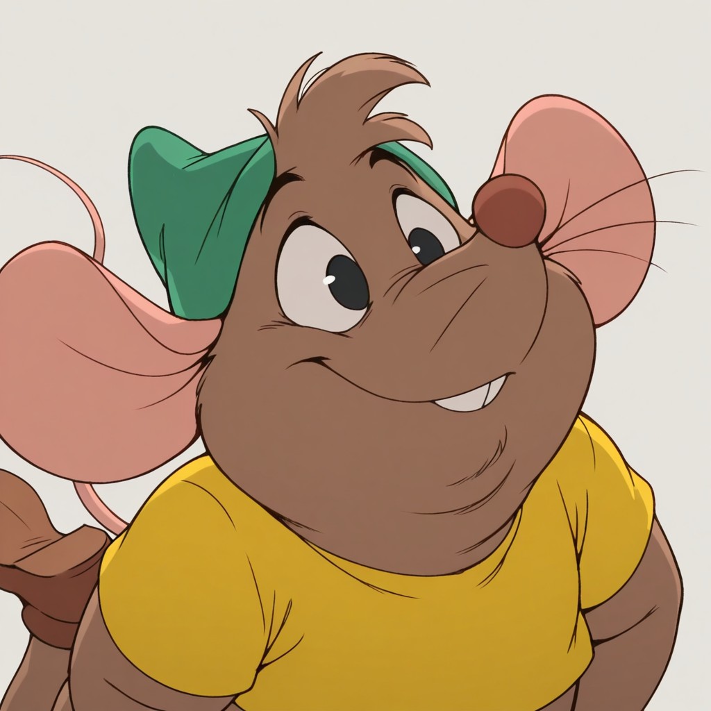 masterpiece, best quality, amazing quality, gusgus, male, furry male, solo, anthro, mouse, brown fur, short hair, black eyes, brown nose, whiskers, buck teeth, tail, chubby, green hat, yellow shirt, brown shoes, smile, close-up, portrait, grey background