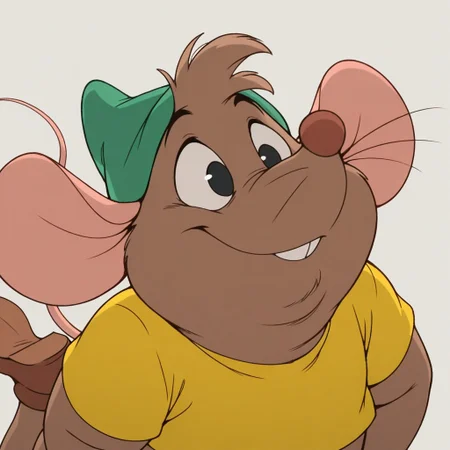 masterpiece, best quality, amazing quality, gusgus, male, furry male, solo, anthro, mouse, brown fur, short hair, black eyes, brown nose, whiskers, buck teeth, tail, chubby, green hat, yellow shirt, brown shoes, smile, close-up, portrait, grey background